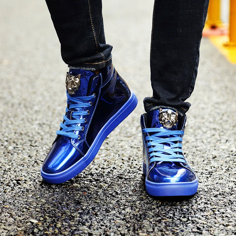 Spring Classic British Style Shiny Mens Shoes Casual Streetwear Fashion Blue Hip-hop High top Sneakers Men Casual Glitter Shoes