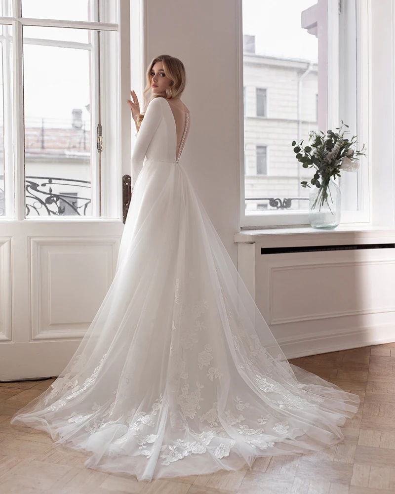 Vestidos De Novia Lange Mouw Trouwjurk Eenvoudige Suknia Slubna Illusion Back Gelinlik Applicaties Tulle Robe De Mariee