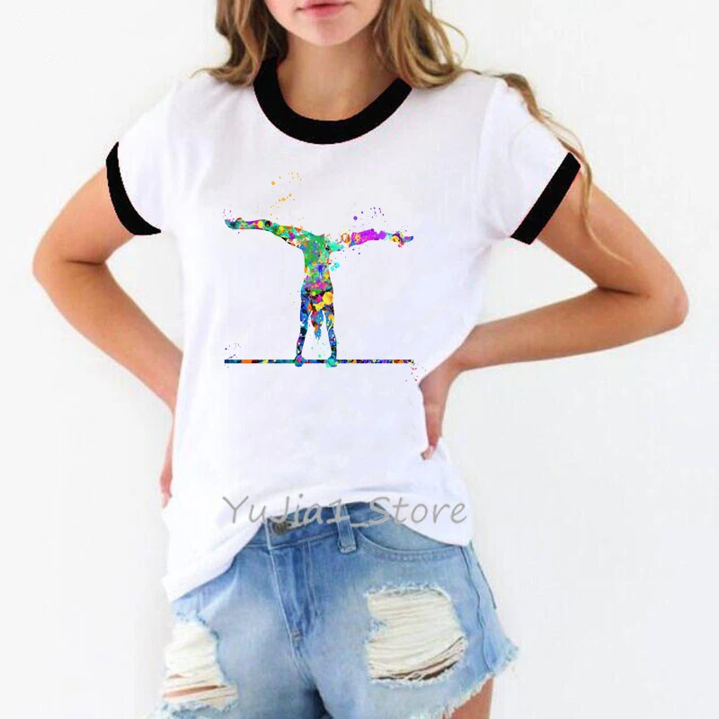 

Ropa Mujer 2024 Harajuku Kawaii T Shirt Women Watercolor Gymnast Printed Tshirt Femme White Summer T-Shirt Girls Cut Tops Tees