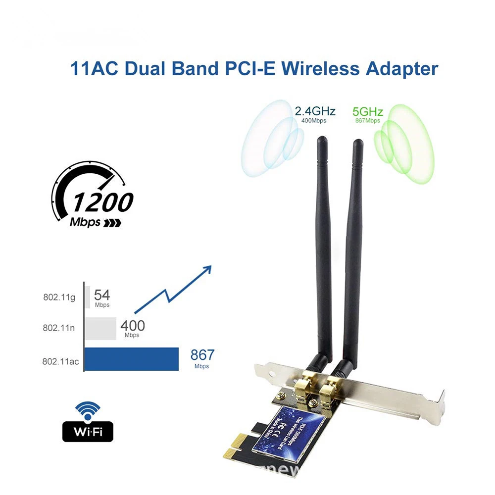 1200M PCI-E Dual-Band Wireless Network Card Computer WIFI Receiver With Compatible With Windows XP/Vista/7/8/10 Mac OS X WC1200