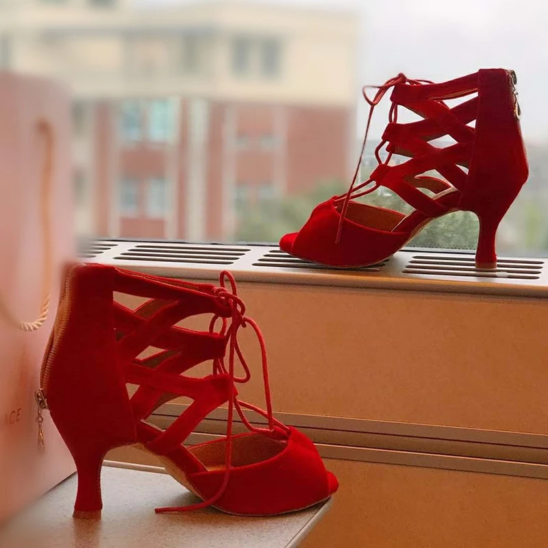 Evkoodance Wanita Latin Merah Kawanan Menari Sepatu 7Cm Ballroom Tango Menari Sepatu untuk Wanita/Perempuan