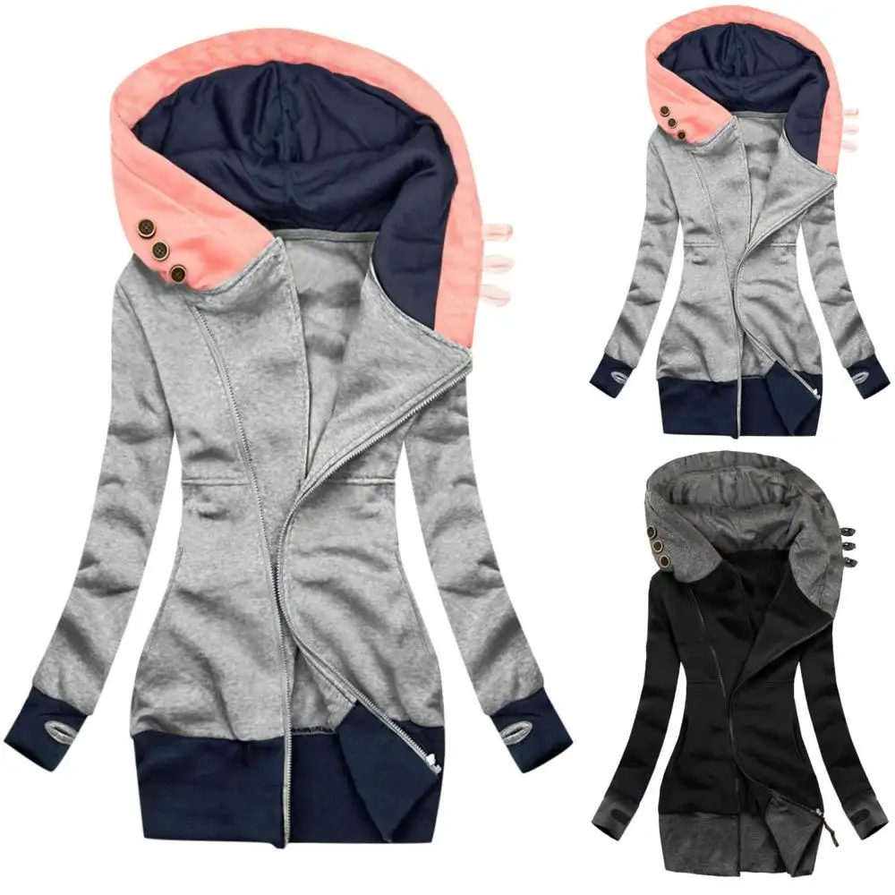 Cappotto con cappuccio autunno inverno da donna manica lunga tasca con cerniera giacca media lunga felpa giacca maglione addensata calda 2022