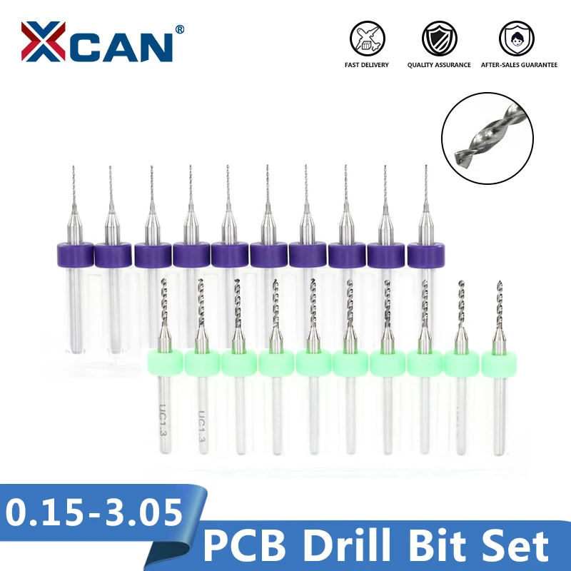 XCAN 10 sztuk 0.15-3.05mm Carbied PCB Mini wiertła do obwodu drukowanego wiercenia 3.175mm Shank wiertło PCB zestaw części