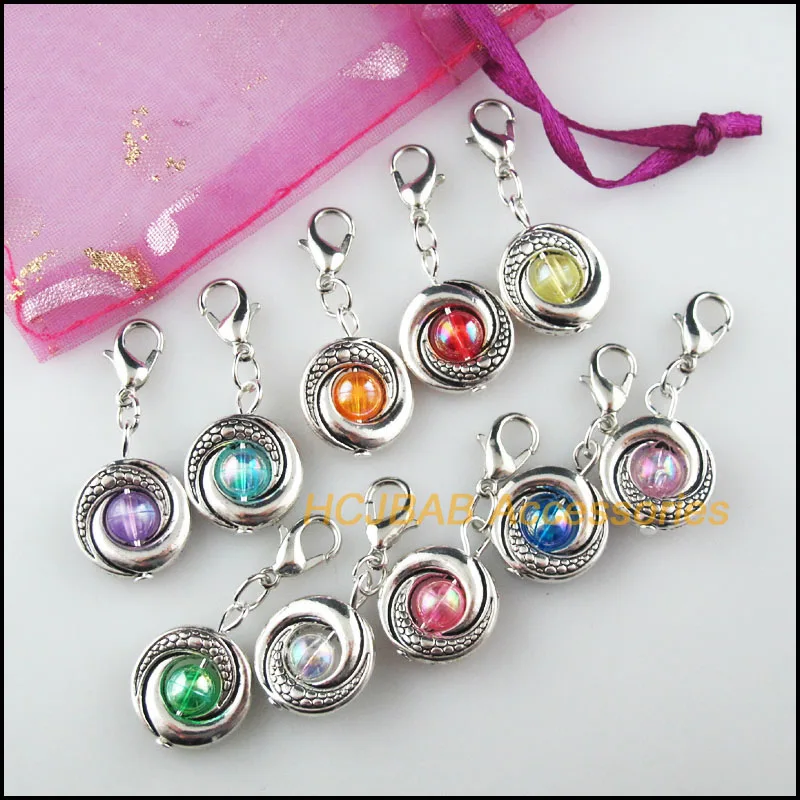 10 New Circle Charms Mixed Mirage Resin Tibetan Silver Plated With Lobster Claw Clasps Frame Pendants 15x19mm