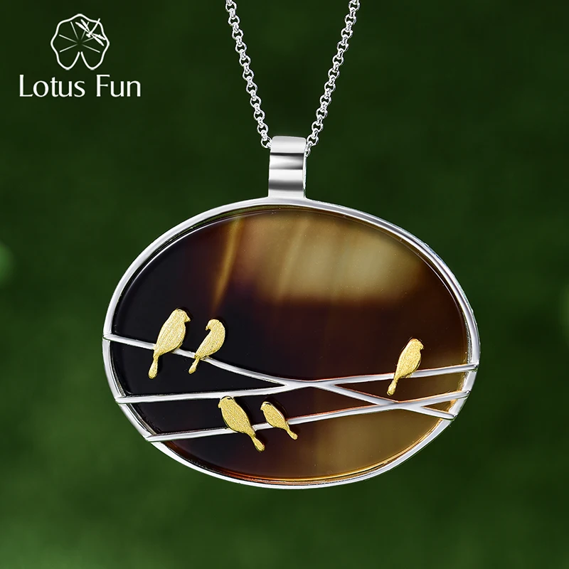 Lotus Fun Real 925 Sterling Silver Natural Agate Stone Handmade Fine Jewelry Lovely Birds Pendant without Necklace for Women