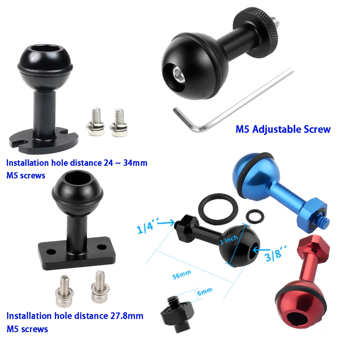 1-Zoll-Kugelkopf-Adapter 1/4 Zoll M5 verstellbare Schraube feste Halterung für GoPro SJCAM Action-Kamera Unterwasser-Tauchhalterung Tablettklemme – Detail 1