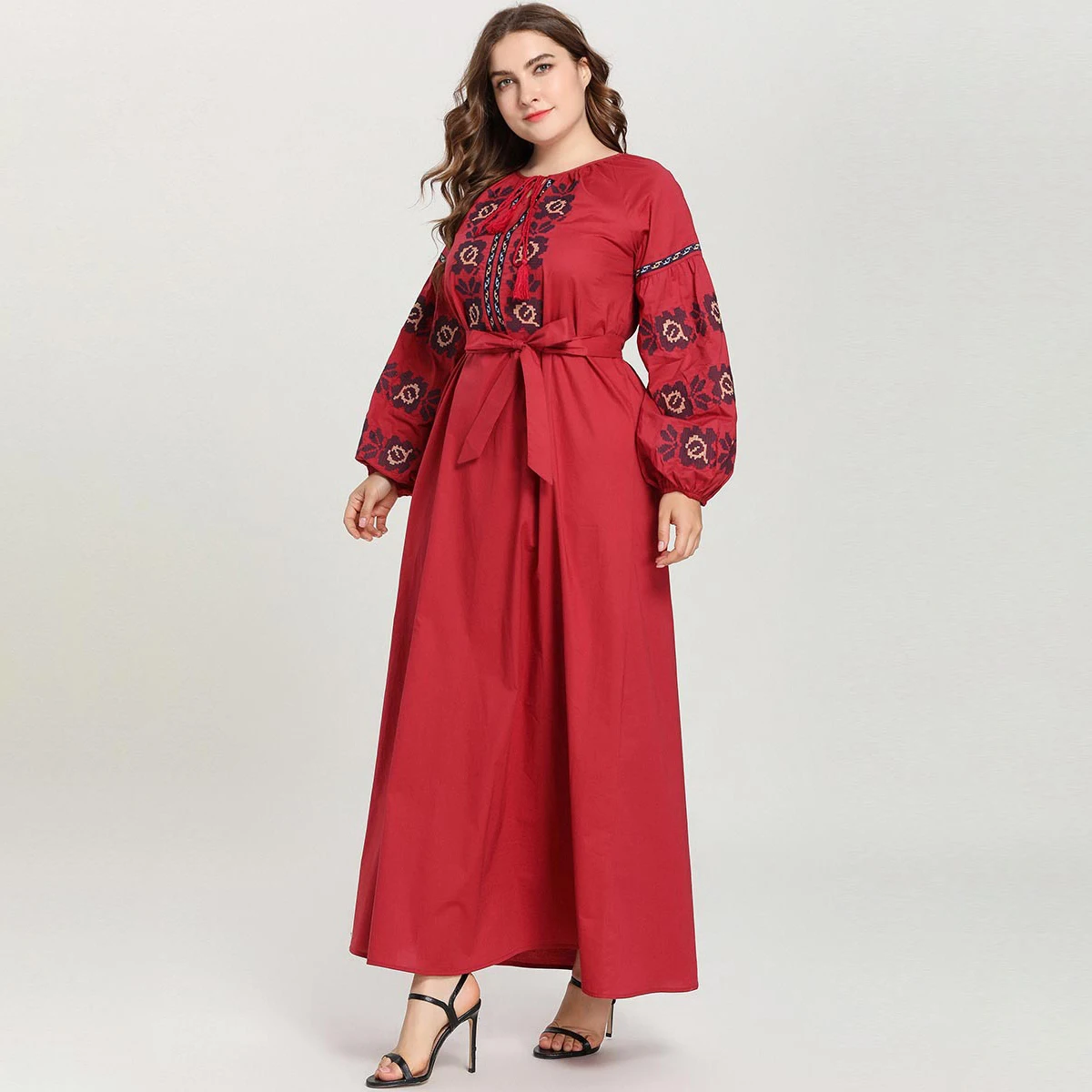 

Muslim dress Fashion Ladies Red Ethnic Embroidered Lace-up Puff Sleeve Round Neck Arabian Dress Abaya Dubai Dresses