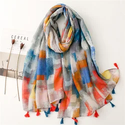 2023 Fashion Luxury Brand Abstract Painting Tassel Viscose Shawl Scarf High Quality Wrap Pashmina Stole Bufandas Muslim Hijab