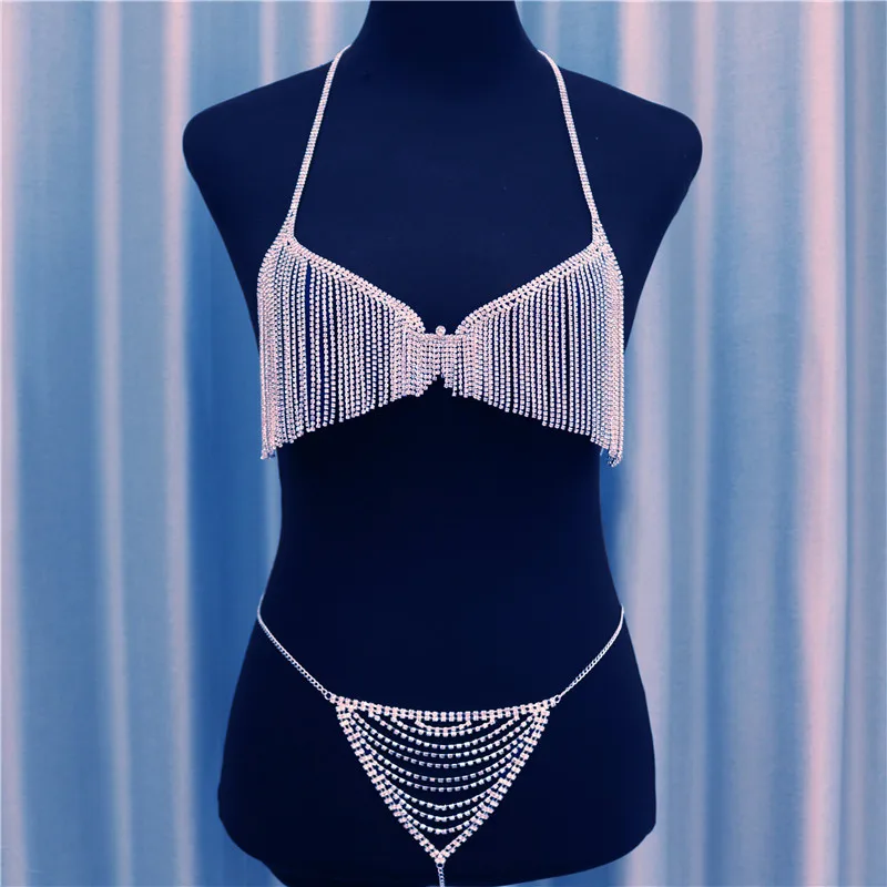 

New Luxury Bling Bra Necklace Rhinestone Tassel Body Chain for Women Sexy Crystal Bra and Panties Harness Chest Bikini Jewelry