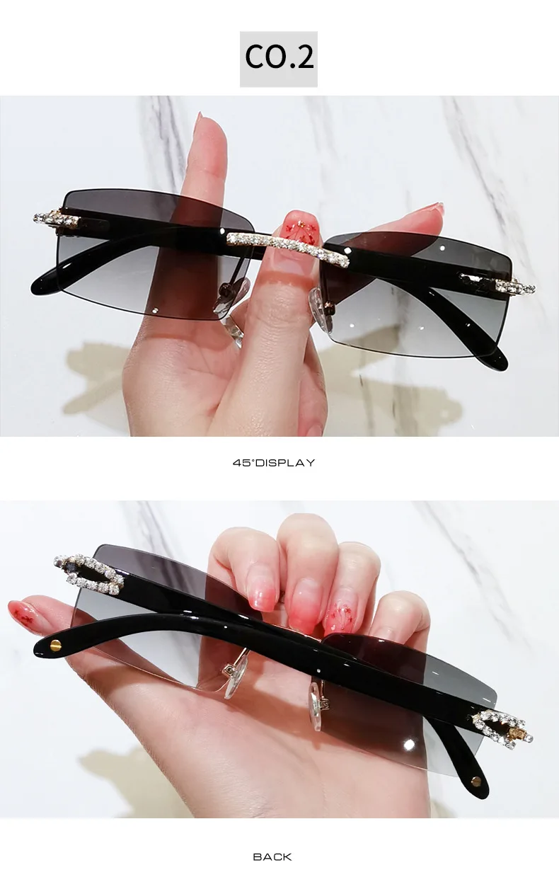 OEC-MANAGEMENT CPO Randlose Diamant Sonnenbrille Frauen Vintage Rechteck Sonnenbrille Weibliche Shades Strass Platz Brillen Gradient Farben – Detail 7