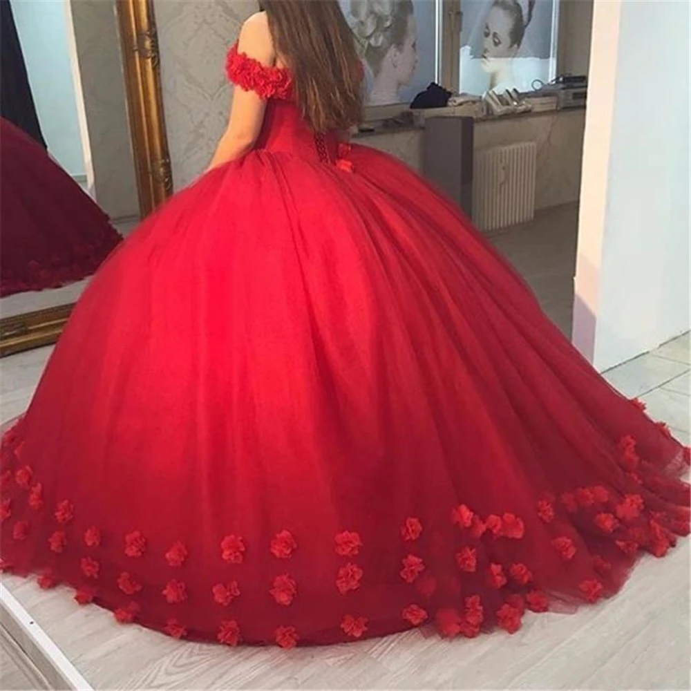 Vestido de flores de tul con hombros descubiertos, corsé en la espalda, dulce, 16 vestidos de baile hinchados, vestidos de fiesta de quinceañera roja