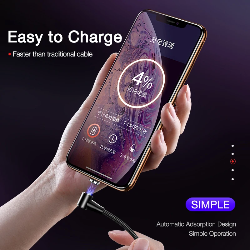 5A Superfast Charging Magnetic USB Cable Type C Micro USB Charging Data Cable Quick Charger Support Data Transmit 90 Degree Cabo