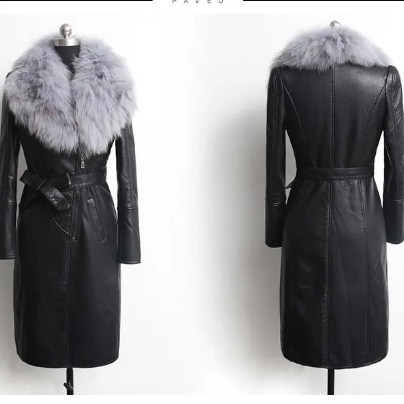 Women\'s Leather Jacket for Winter New Plus Velvet Warm Slim Big Fur Collar Long Leather Coat Female Outerwear Winter