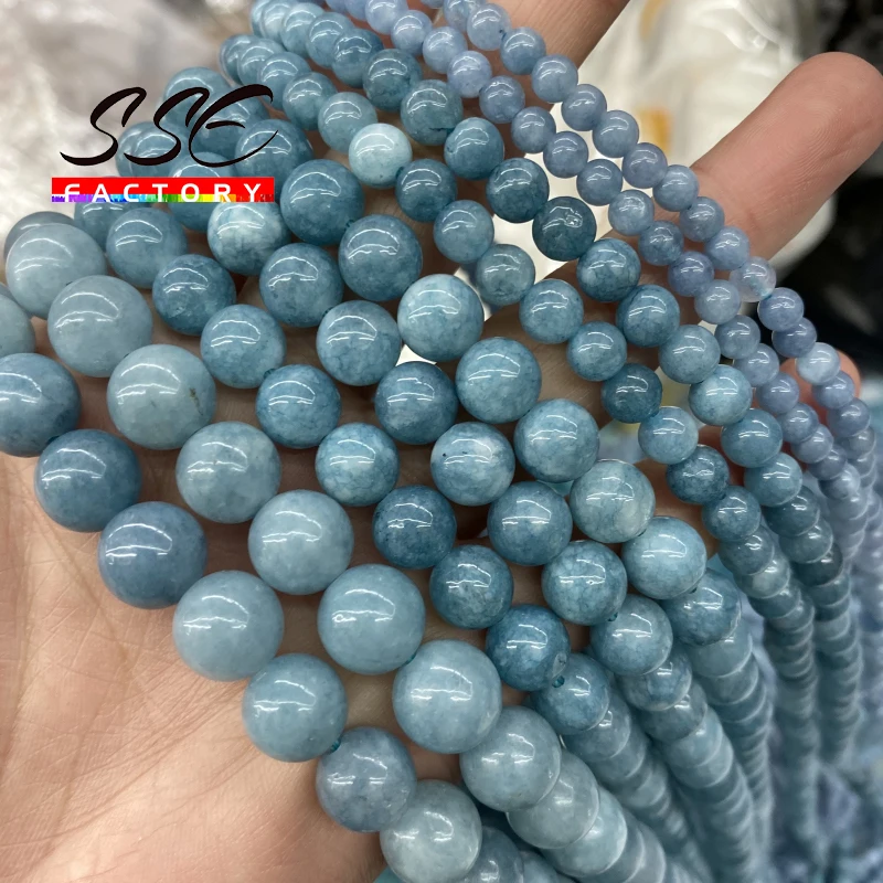 Cuentas redondas de Gema Natural para fabricación de joyas, cuentas sueltas de Calcedonia azul, aguamarinas, Angelita, piedra de 4, 6, 8, 10, 12mm, pulseras Diy de 15"