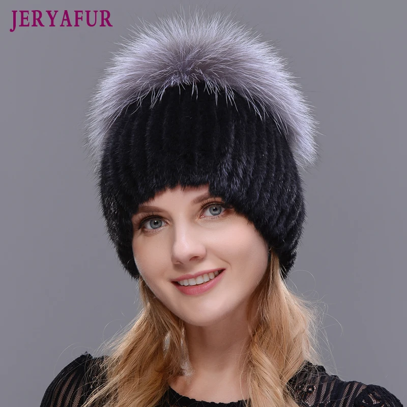 

Hot Sale Fashion Winter Warm Women Knitting Caps Mink Hats Vertical Weaving with FOX Fur on The Top Skiing Cap