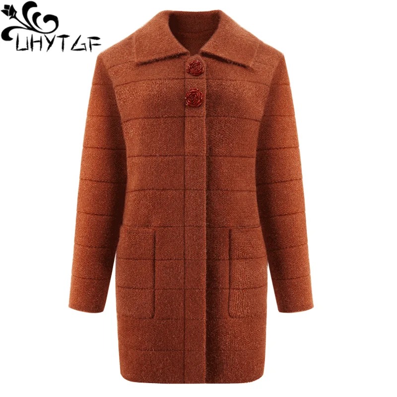 

UHYTGF Luxury Mohair Spring Autumn Sweaters Jacket Pure Color Wild Casual Warm Knitted Cardigan Women Sweater Coat Loose Size744