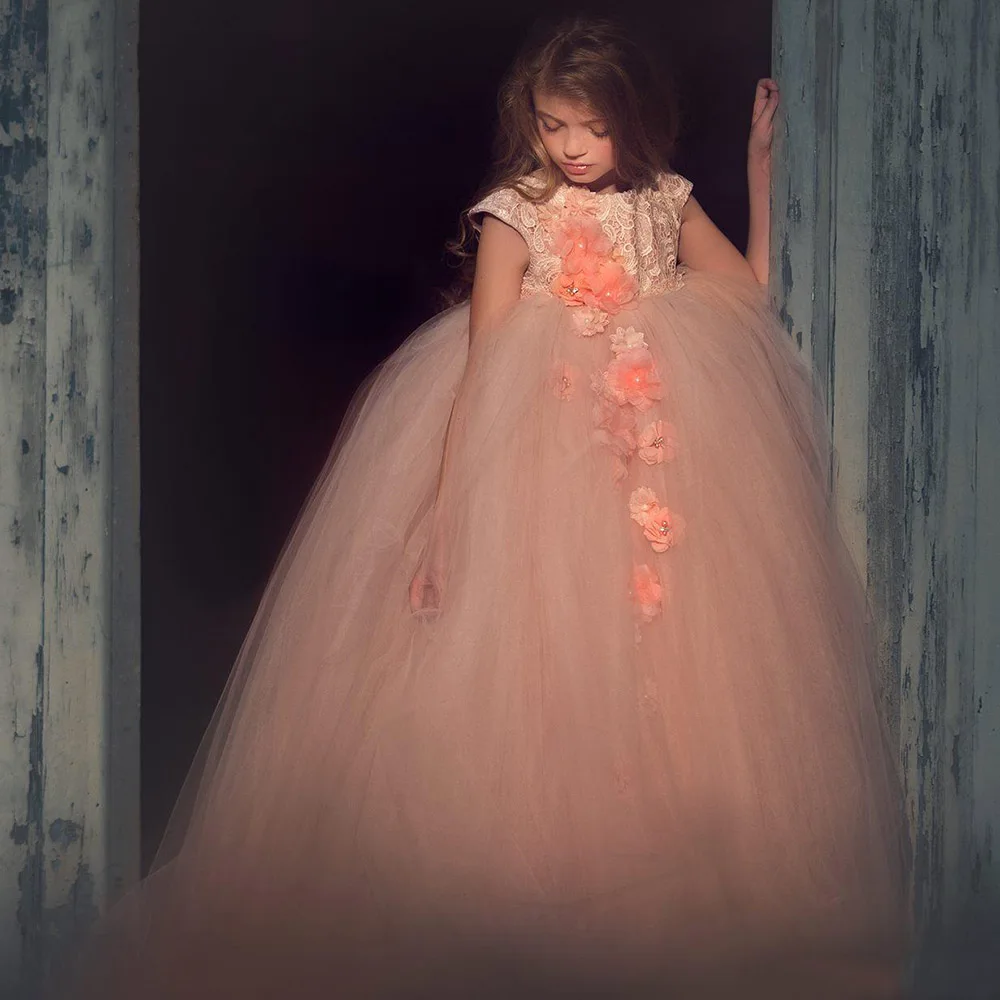 

Kids Formal Wear Birthday Christmas Wedding Party Events O-Neck Tulle Hand Made Flowers Girls Pageant Flower Girls Dresses