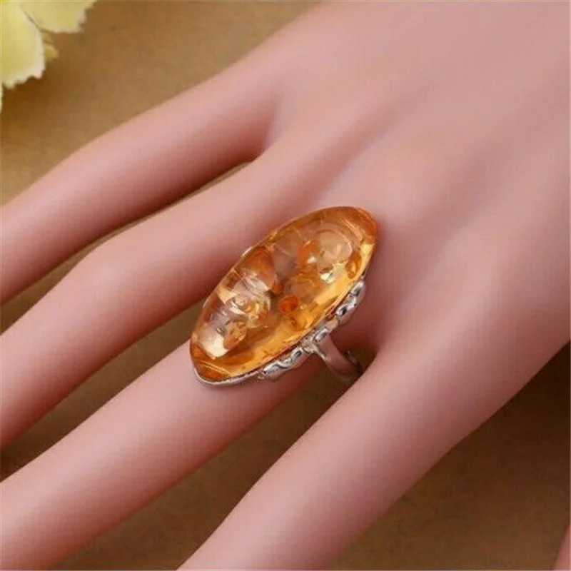 Vintage Oval Amber Stone Retro Rings for Womens Mens Jewelry Ring Size 6-10