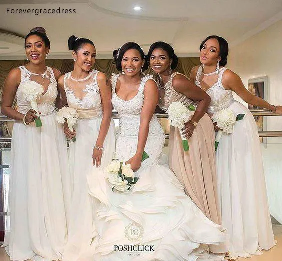 

2019 African Nigerian Bridesmaid Dress Sheer Jewel Neck Spring Summer Formal Wedding Party Guest Maid of Honor Gown Plus Size