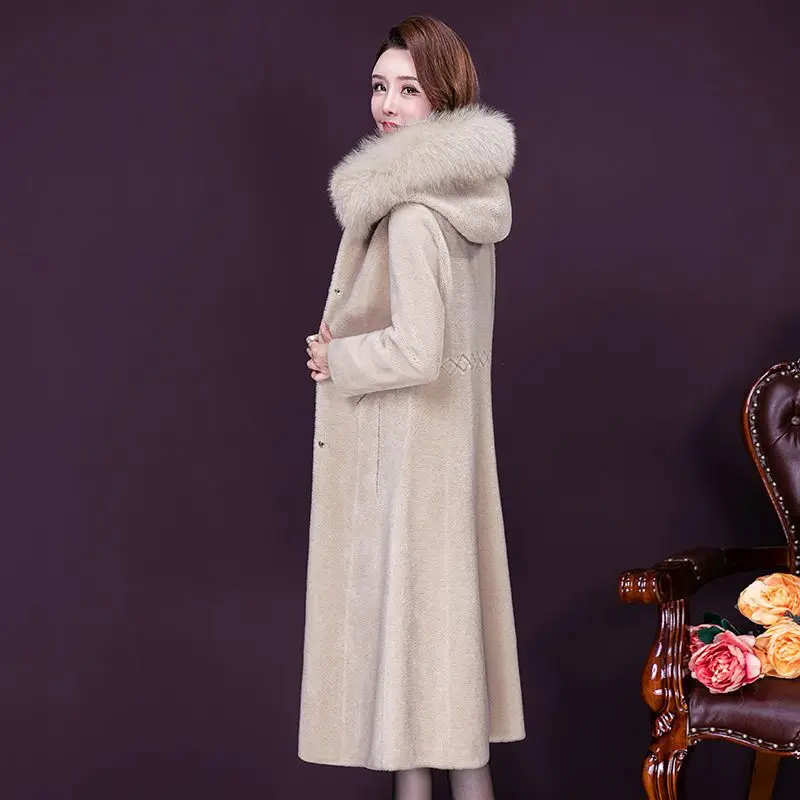 Women Sheep Shearing  Long Coat Winter 2024 Fashion Elegant Thicken Quilted Outerwear Hooded Fur Collar Wool Blends Tops Female