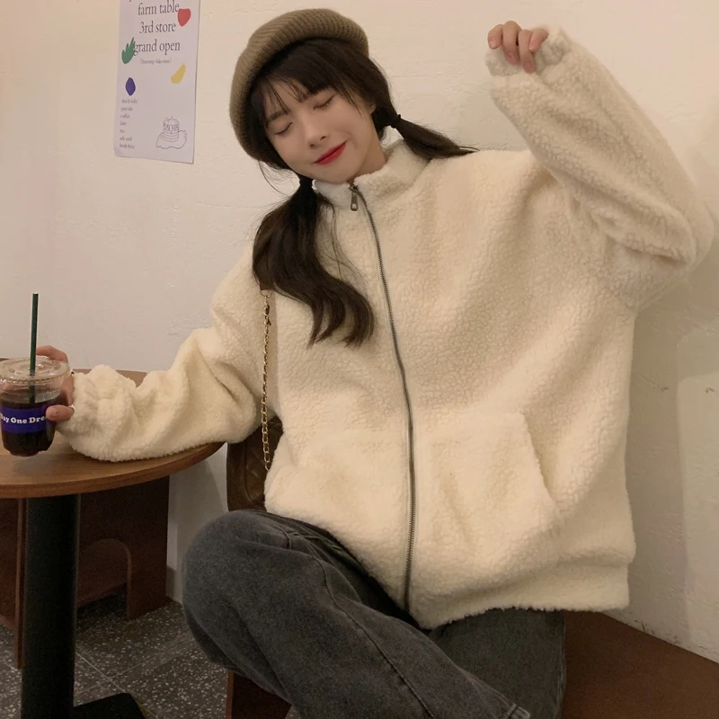 KOSAHIKI 2024 Autumn Winter New Fur Coat Womens Cartoon Bear Embroidery Lamb Wool Ladies Faux Jacket Japanese Harajuku