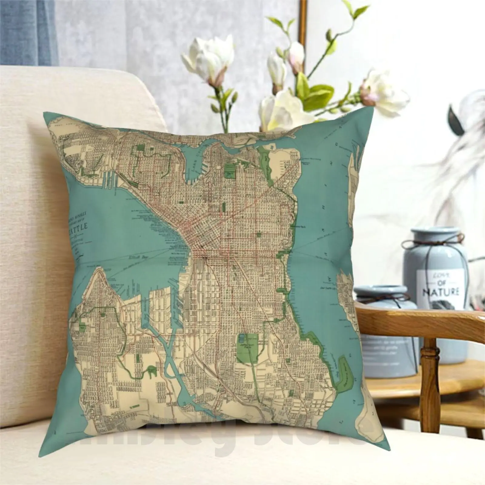 Seattle Vintage Map | Full Color Pillow Case Printed Home Soft Throw Pillow Seattle Map Vintage Vintage Map Seattle Map