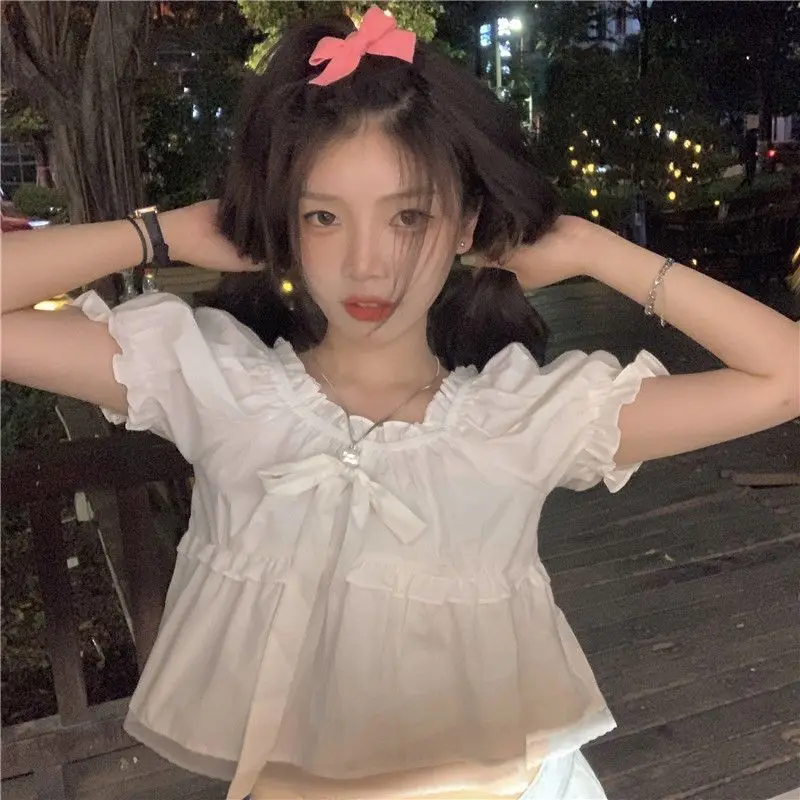 Women Blouse Short Sleeve Bow Elegant White Summer Tops Sweet All-match Simply Chic Female Clothing Solid Square Collar Leisure