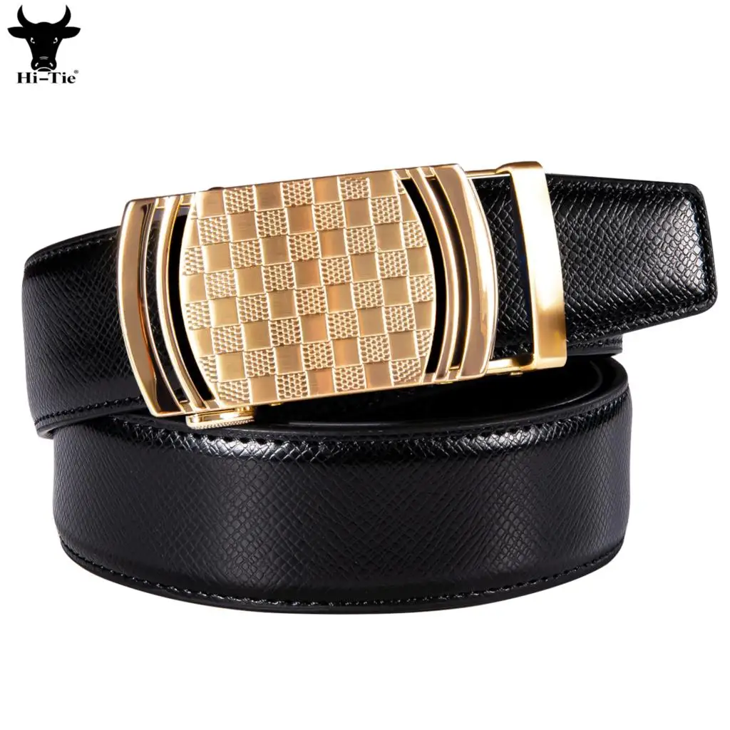 

Hi-Tie Black Genuine Leather Mens Belts Gold Automatic Buckles Ratchet Waistband Belt for Men Jeans Dress Wedding Business Gift