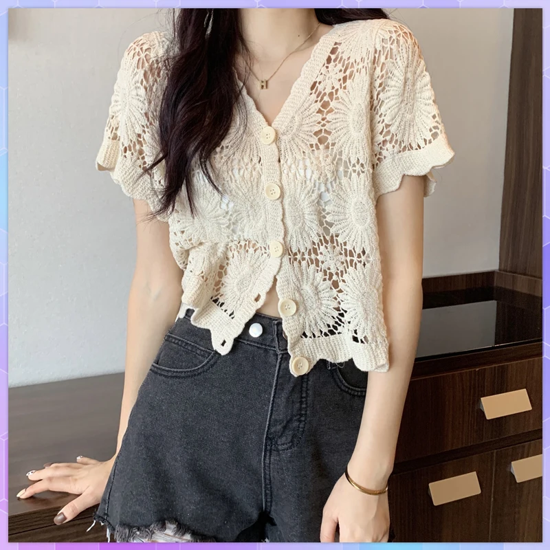 

Hook Floral Lace V-Neck Short Sweaters Women Thin Cardigan Short Sleeve Crop Top Hollow Korean Style Knitted Tops Summer Blusas