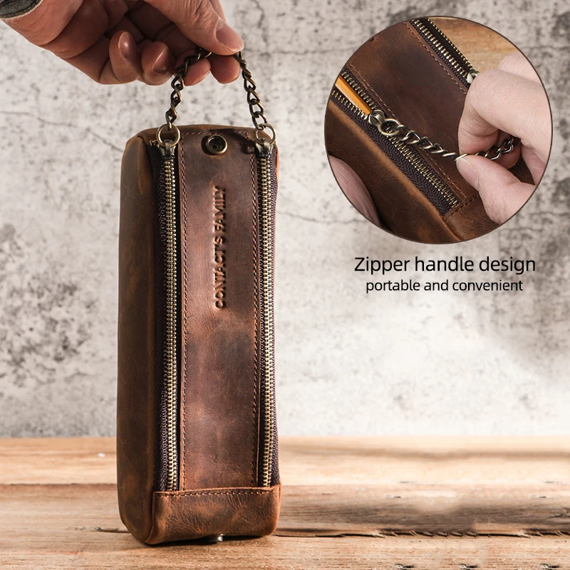 Bolso Retro de cuero genuino para bolígrafo, estuche de lápices con doble cremallera de alta capacidad para niños y adultos, suministros de