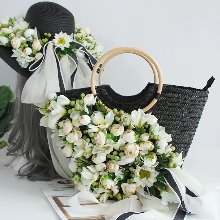 Women Fashion Summer Beach Bag Black Weave Rattan Artificial Flowers Studded Soft Scarves Straw Handbag Hat Suit Holiday Tote