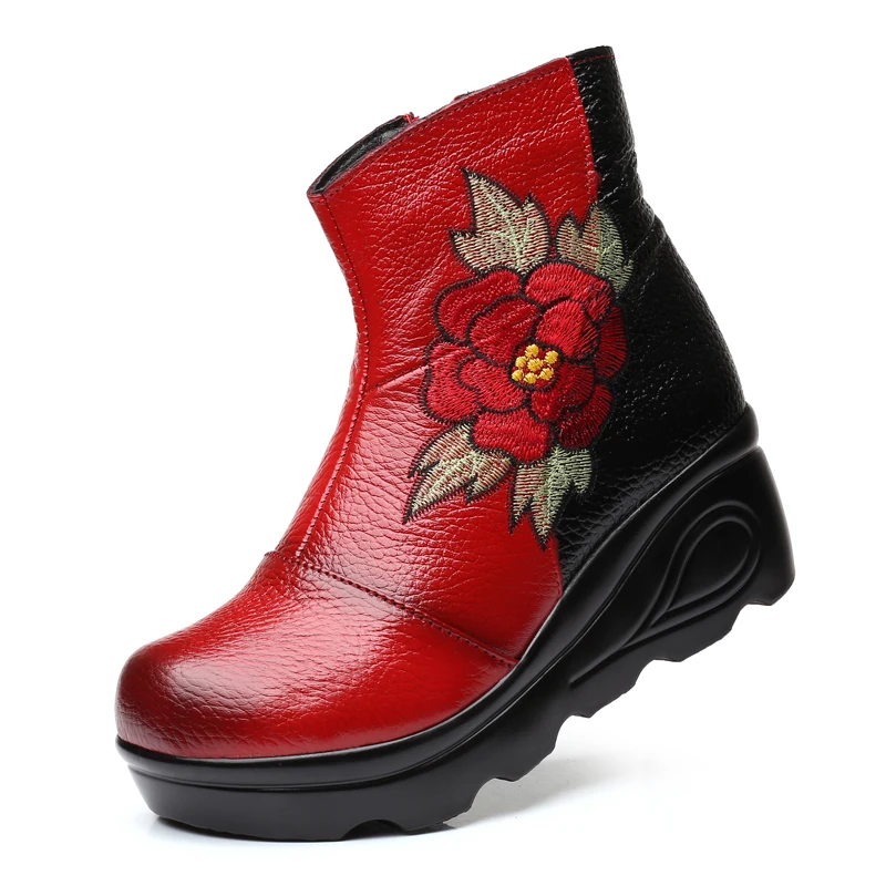 Glglgege 2019 New Women platform Boots Embroider Ethnic Winter Ankle Boot Round Toe Wedge Heel Shoes Warm Cowboy Botas Mujer