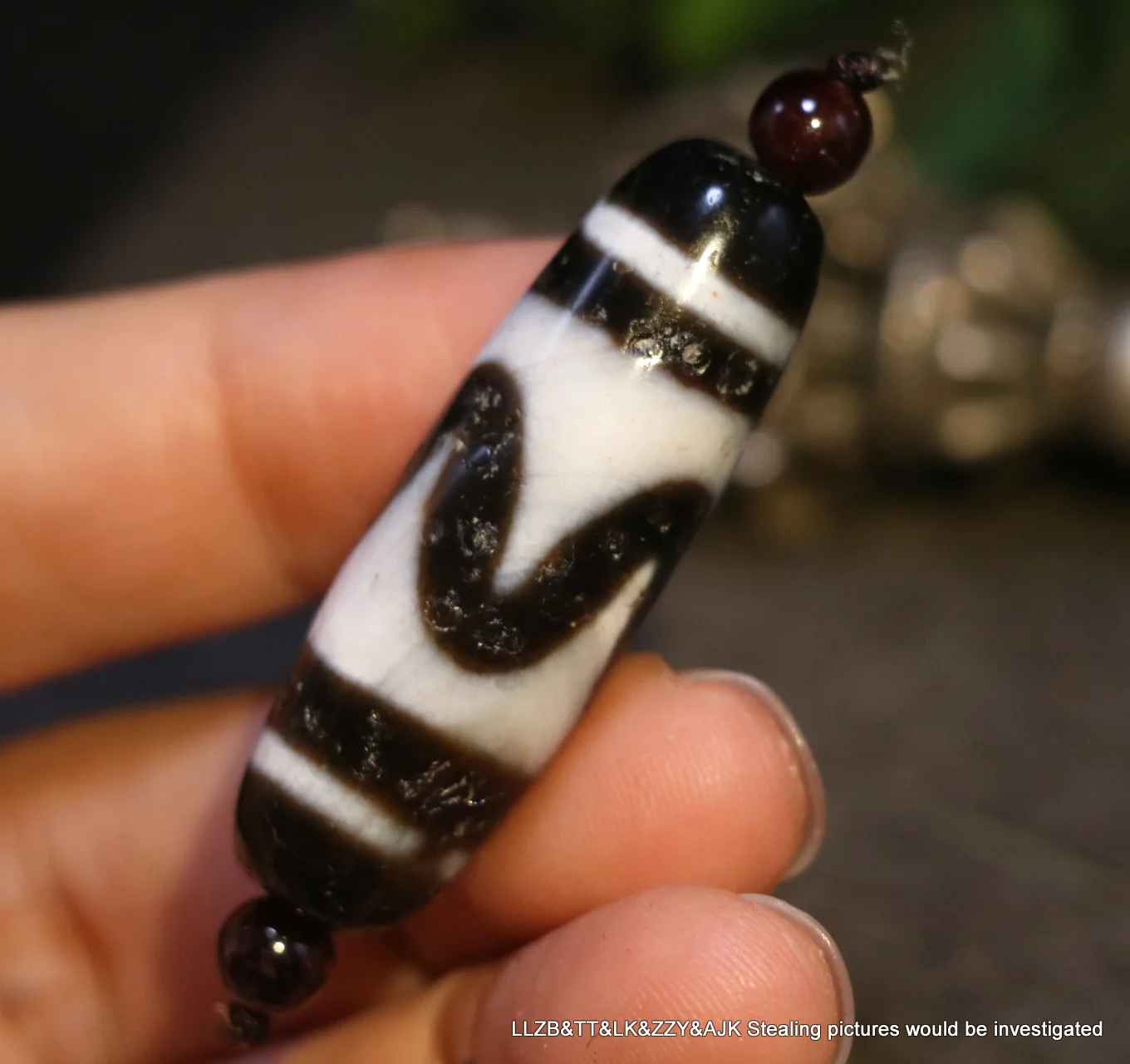 فريد ماجيك التبتية القديمة العقيق الزيتي حاد النمر الأسنان رمز dZi قلادة بها خرزات تميمة 3A UPD 210825 أ1 #6