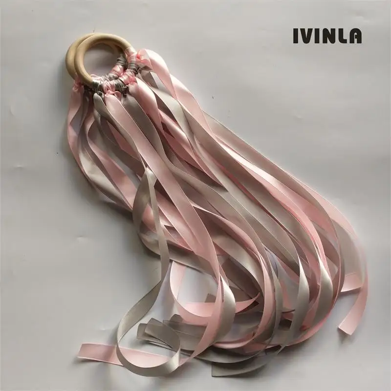 20pcs/lot pink and grey  Wooden Ring Waldorf Ribbon With Bell Hand Kite Toy FLY ME Birthyday Party Favors