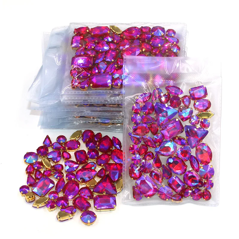 New arrival Wholesale 5 bags mixed shape sew on glass crystal Red AB  rhinestones gold base for clothing/dress