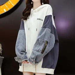 Sweatshirt Vintage Frauen Hoodies Patchwork Pullover Lässige Streetwear Mädchen Brief Drucken Mit Kapuze Denim Spleißen Tops Frühling Herbst