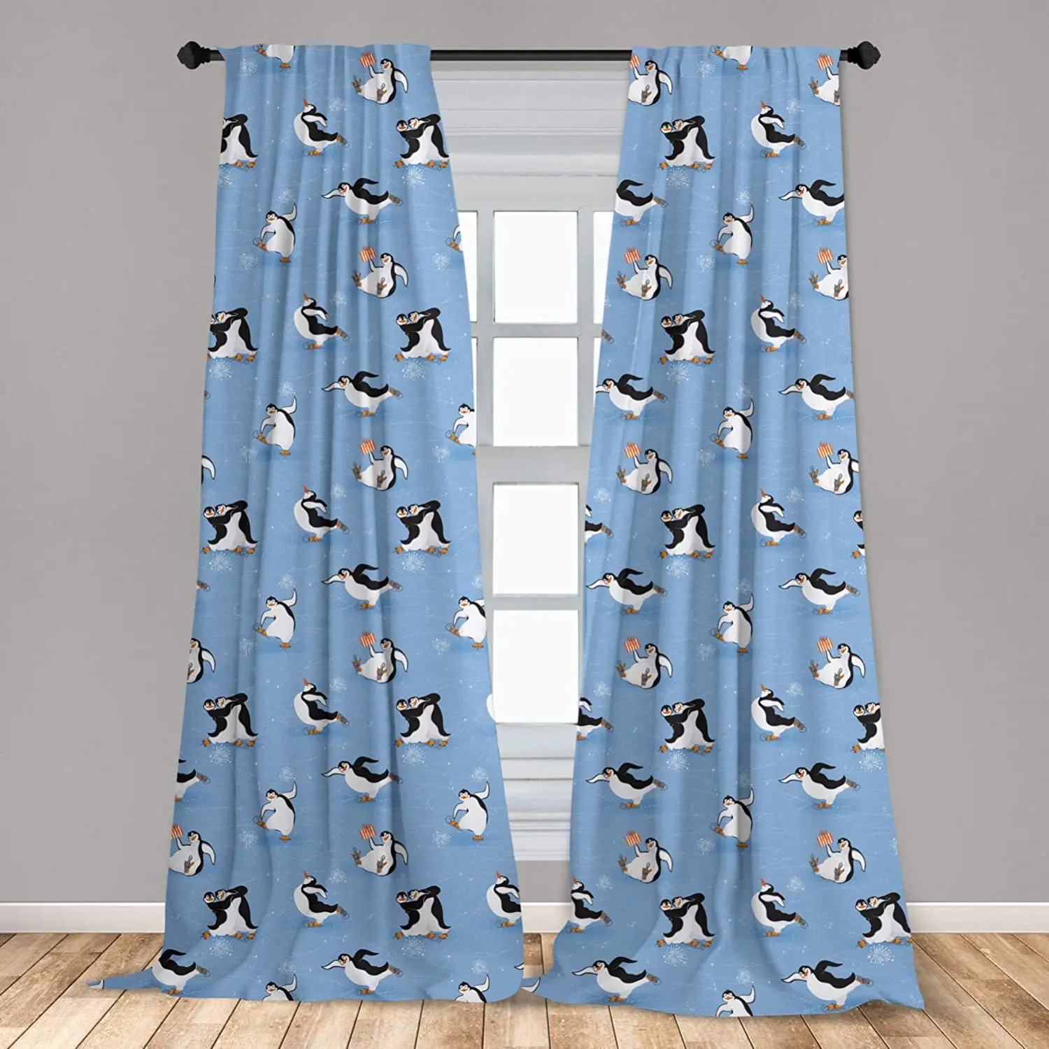 Cartoon Animal Curtain for Kids Room Skating Funny Penguins Fun Activity Cheerful Smiling Mascots Couple  Window Drapes