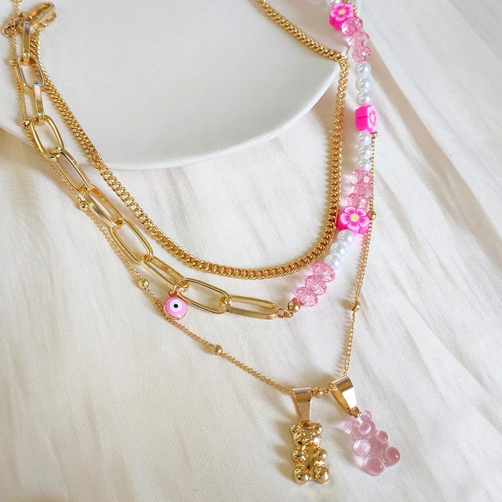 Pink Gummy Bear Flower Beaded Necklace For Women Evil Eye Asymmetric Pearl Choker Boho Multilayer Necklaces Y2K Party Jewelry