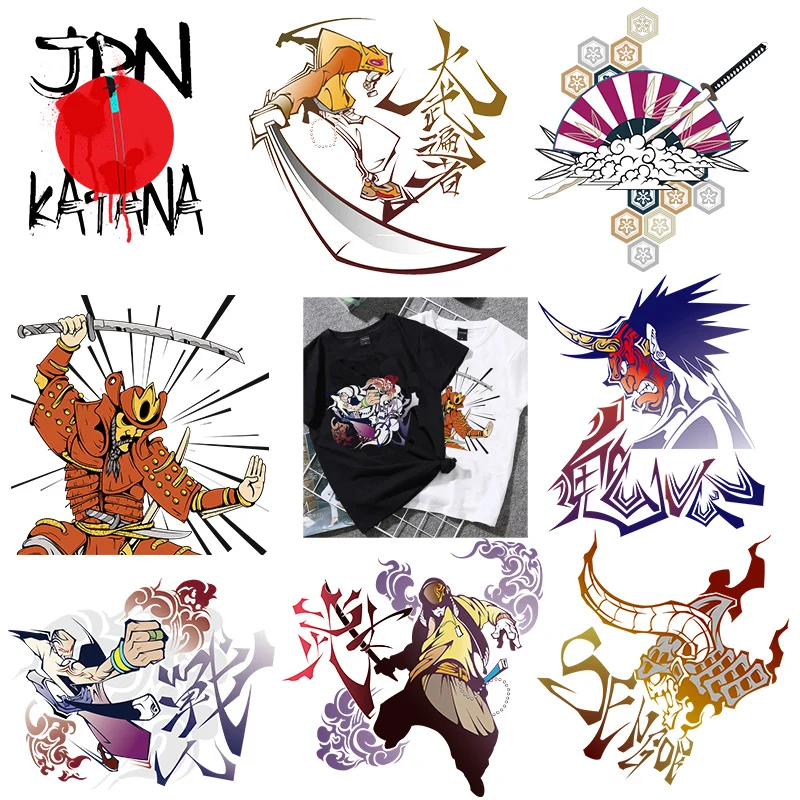 Japan Katana Anime Heat Transfers Vinyl Motorcycle Biker Iron On Patches For Clothing DIY Stripes On Clothes Applique Jacket Man