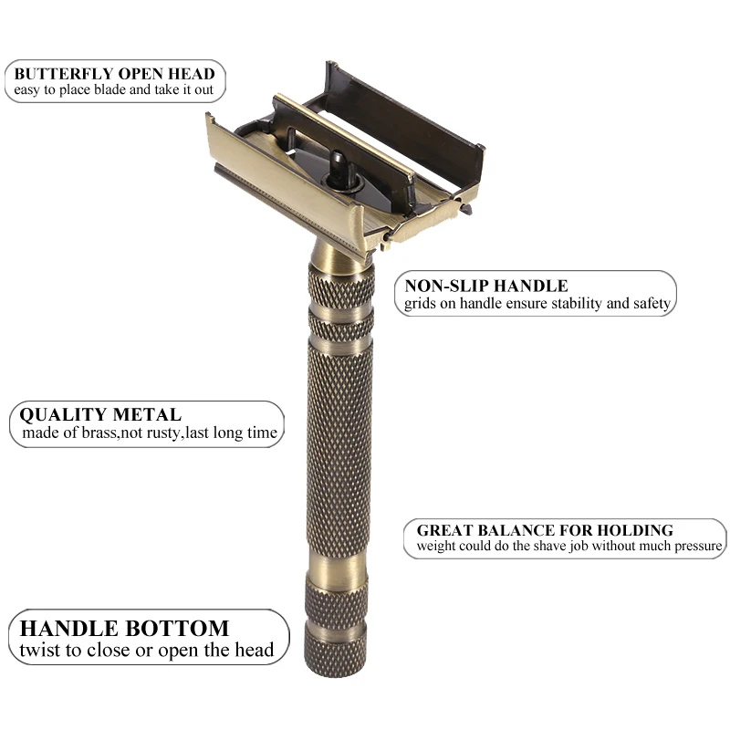 Neue Doppel Rand Sicherheit Rasiermesser Messing Klassische Manuelle Rasierer Lange Rutschfeste Metall Griff Schmetterling Öffnen Rasierer