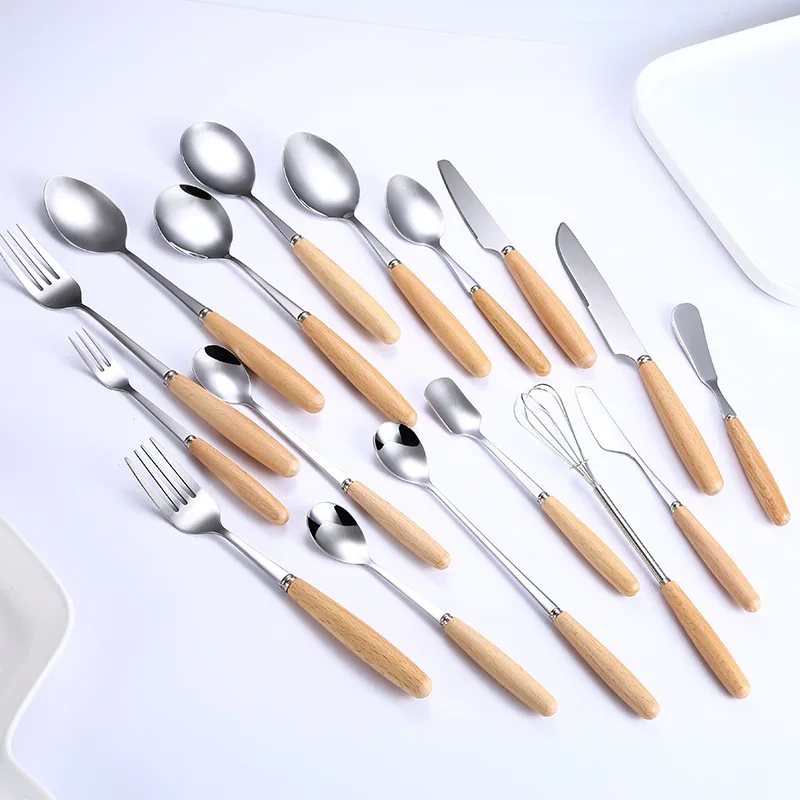 

6 Pcs Flatware Sets Wooden Handle Tableware Stainless Steel Silver ware Knife Fork Dessert Spoon Set Cutlery Sets Drop shipping