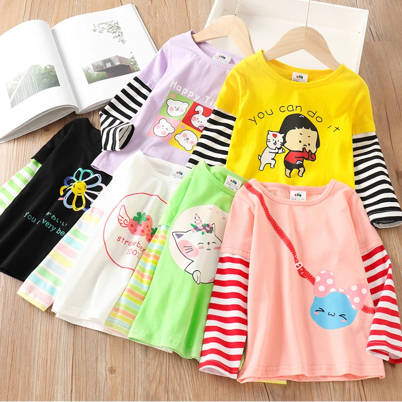 2024 Spring Autumn Fashion 2 3 4 5 6 7 8 910 Years Cute Cotton Striped Color Patchwork Cartoon Basic T-Shirt For Kids Baby Girls