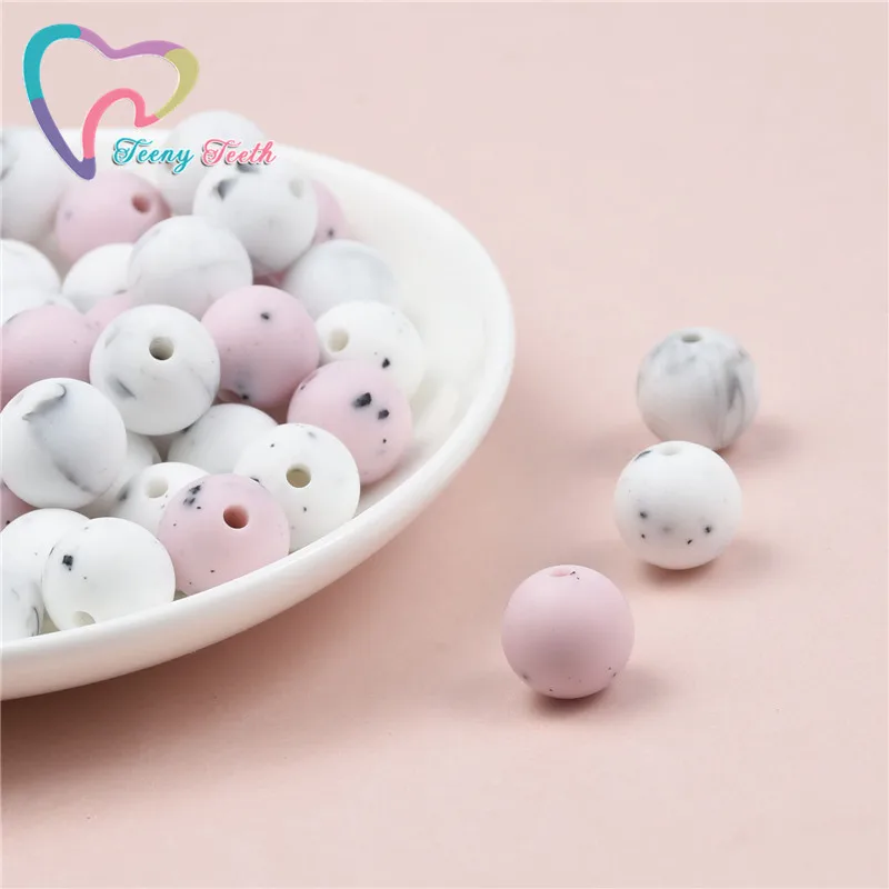 10 PCS Pastel Pink Gritty/Speckled Marble Silicone Round Beads BPA Free 12-15 MM Baby Teething Chew Loose Beads For Necklace