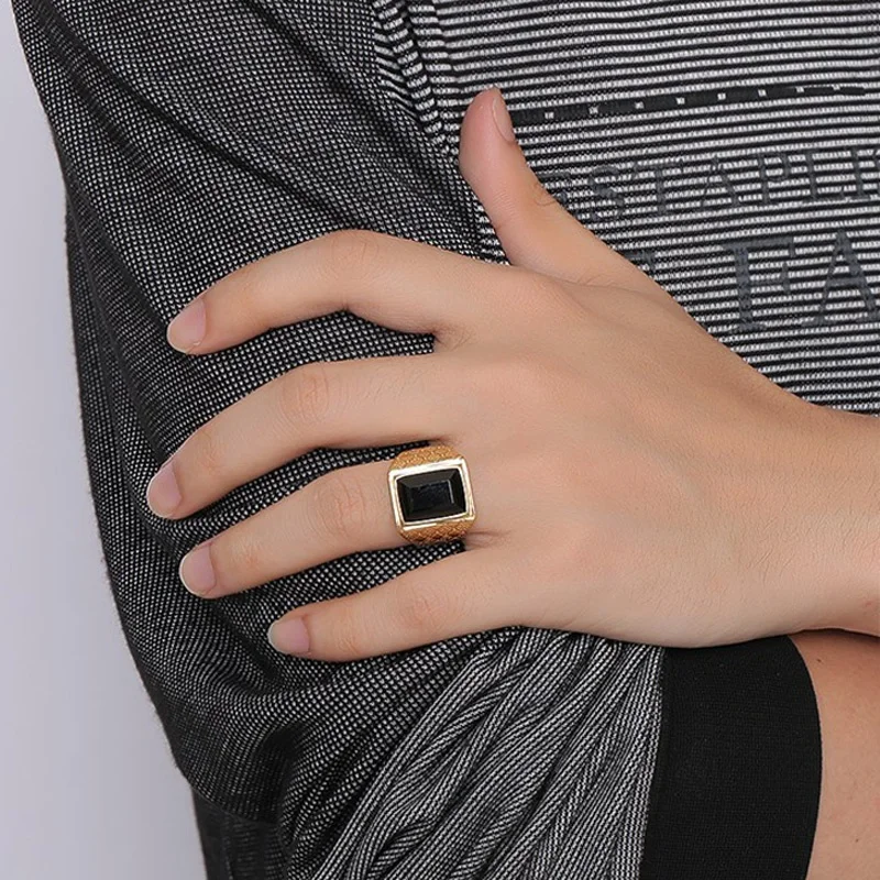 Trend Sophisticated Men Large Inlaid Black Zircon Seal Ring Gold Color Metal Tribal Jewelry Gifts Personality Accessories