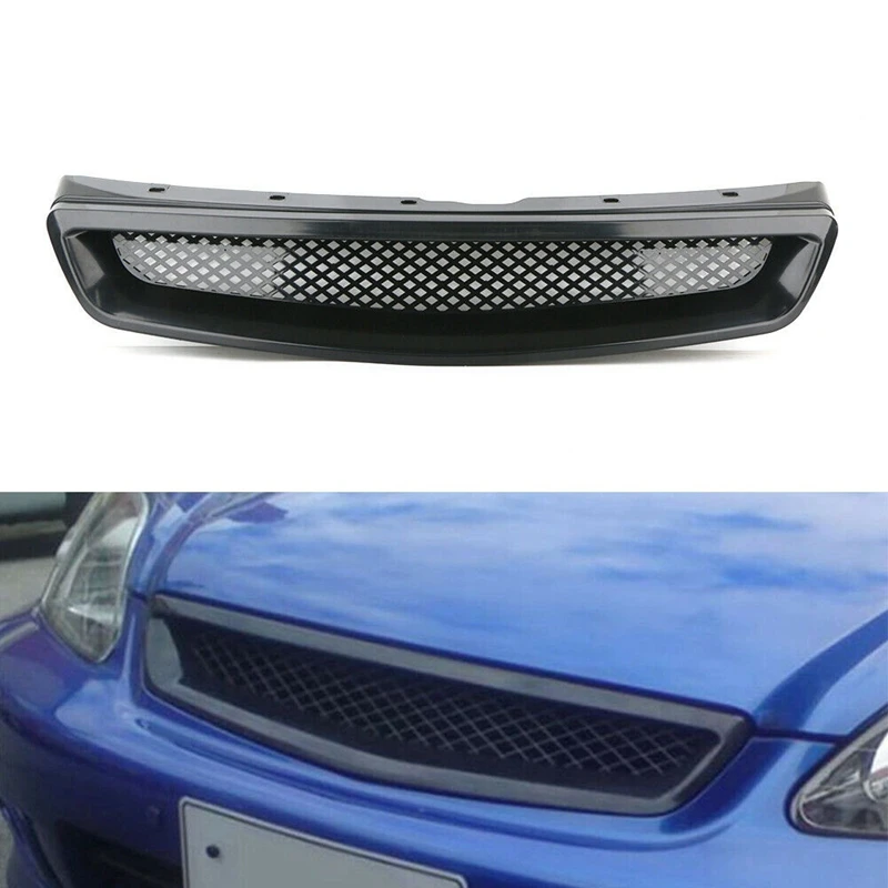 EK T-R Style Front Bumper Hood Mesh Grill Racing Grille for Honda Civic EK CX DX EX HX LX Type R 1999-2000 Glossy Black
