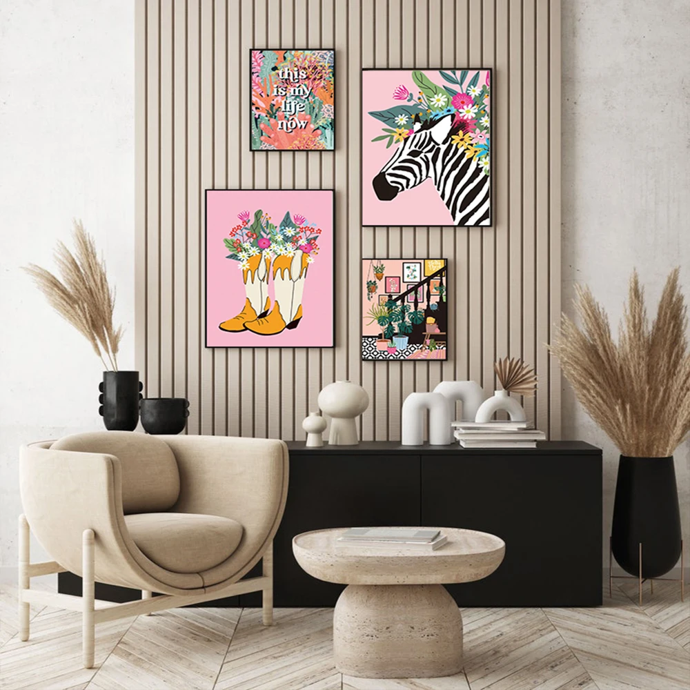 Text Quote Wall Art Canvas Painting Flower Floral Crown Botanical Zebra Posters and Prints Cowboy Boot Bunch Pictures Home Decor