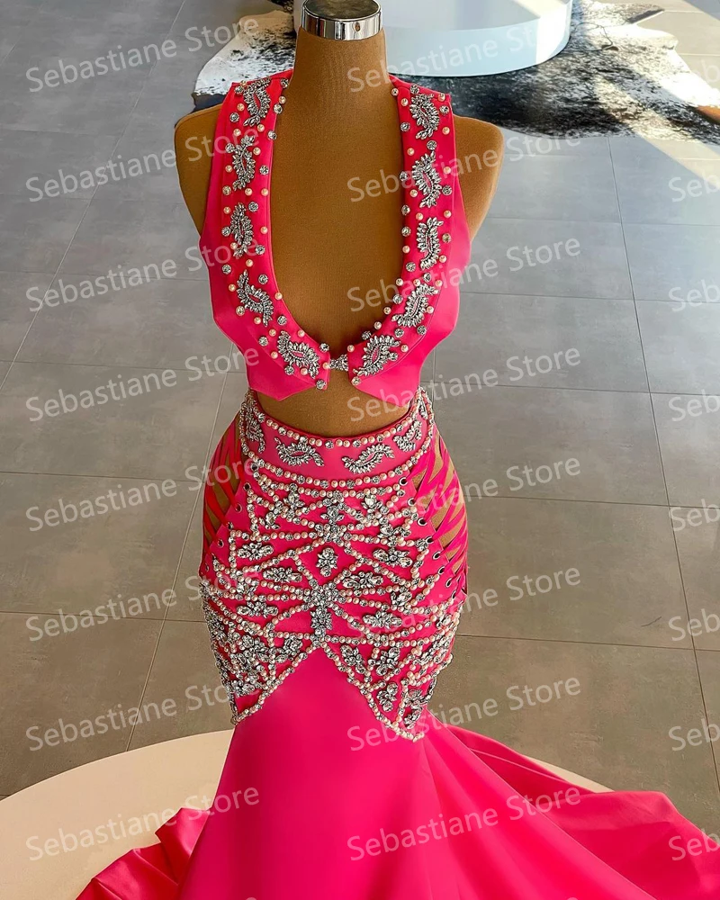 Mulheres Vestidos de Festa Sereia de Duas Peças, Vestidos de Noite, Custom Made, Trem Longo, Pérolas Cristais, Moda Elegante, Sexy, Nova Chegada