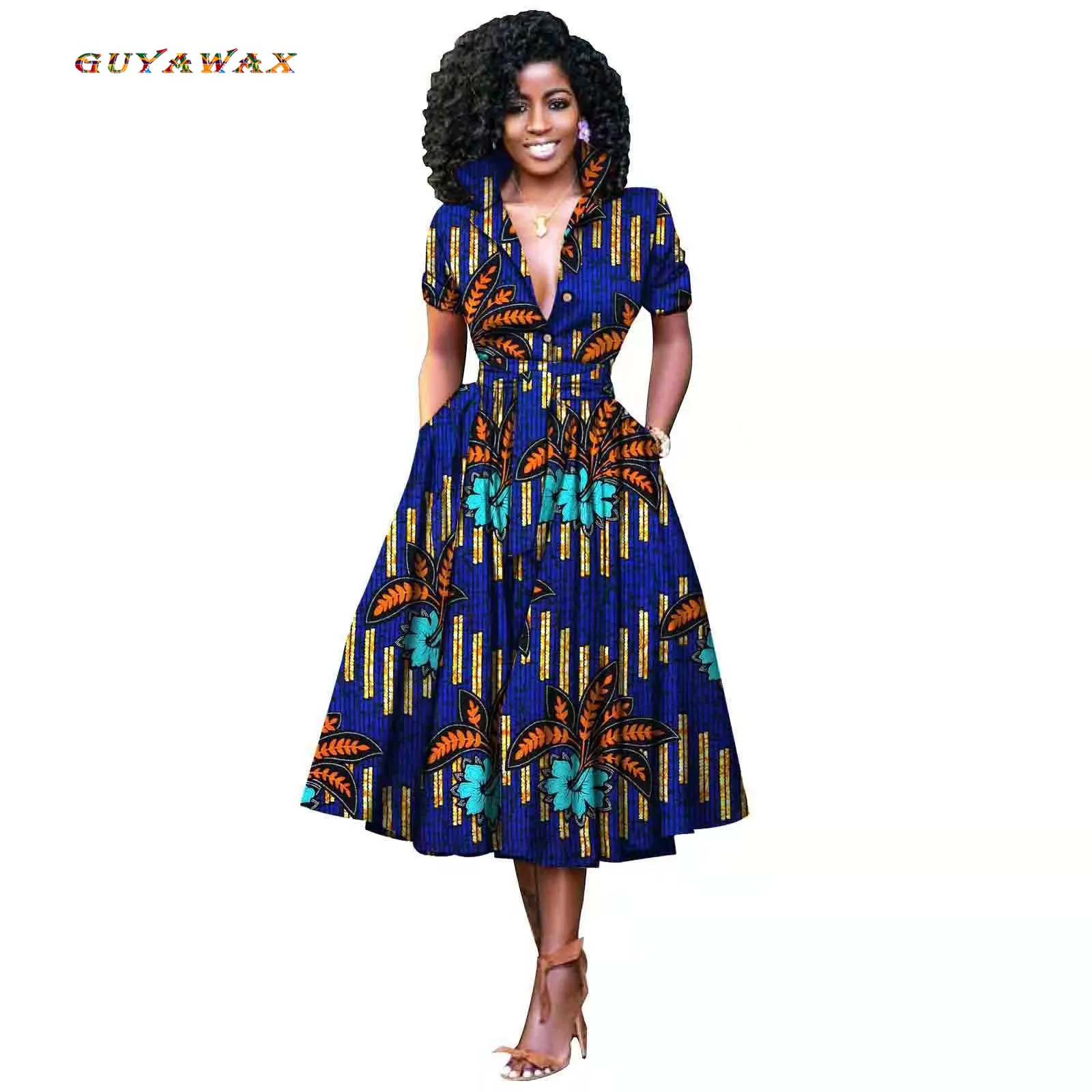 

African Dresses for Women Short Sleeve V-neck High Waist Ankara Fabric Print Formal Dress Pure Cotton Bazin Riche Dress