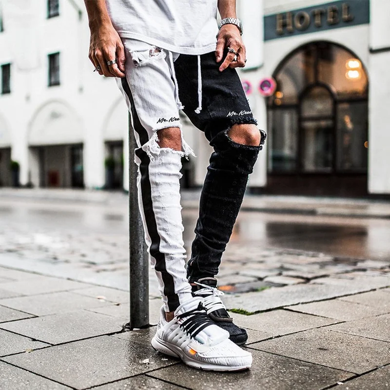 Men's Streetwear Hip Hop Jeans Pants Ripped Destroyed Pencil Pants Slim Fit Denim Trousers Casual Fashion Punk Stretch Jeans