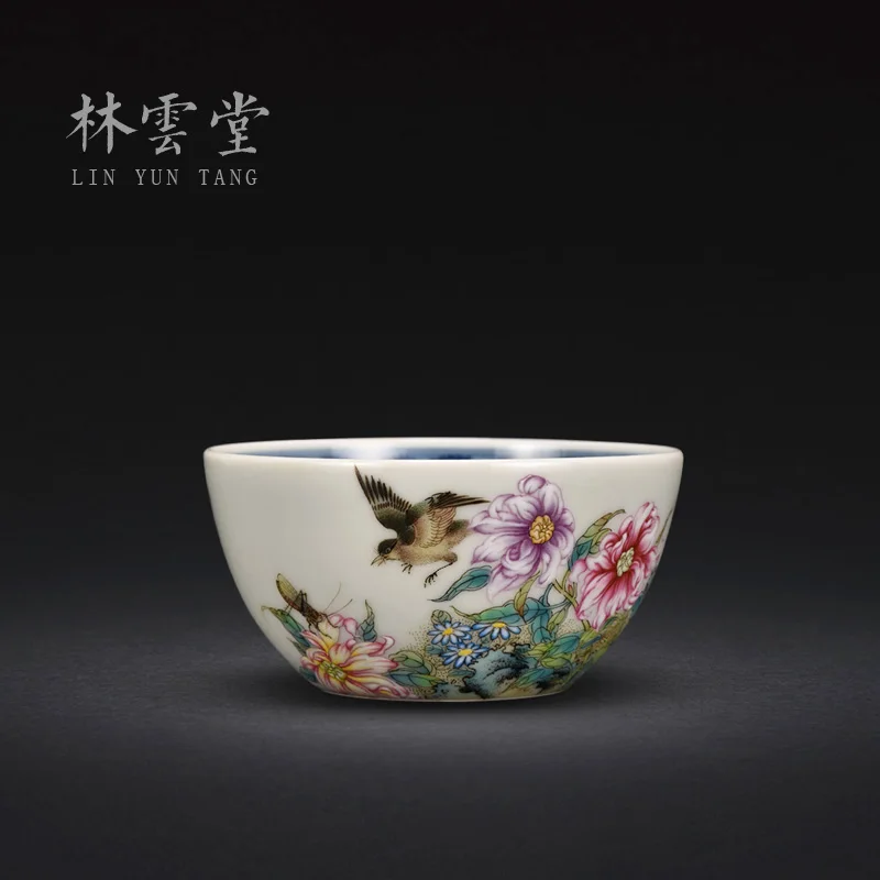 

Lin Yuntang hand painted famille rose tea cup Jingdezhen handmade ceramic kungfu master cup single cup